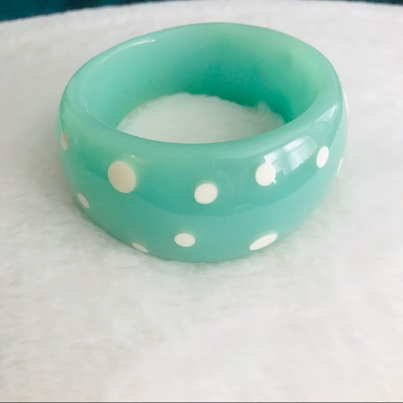 Vintage Jewelry - Vintage Chunky Bangle Bracelet Polka Dots green teal white